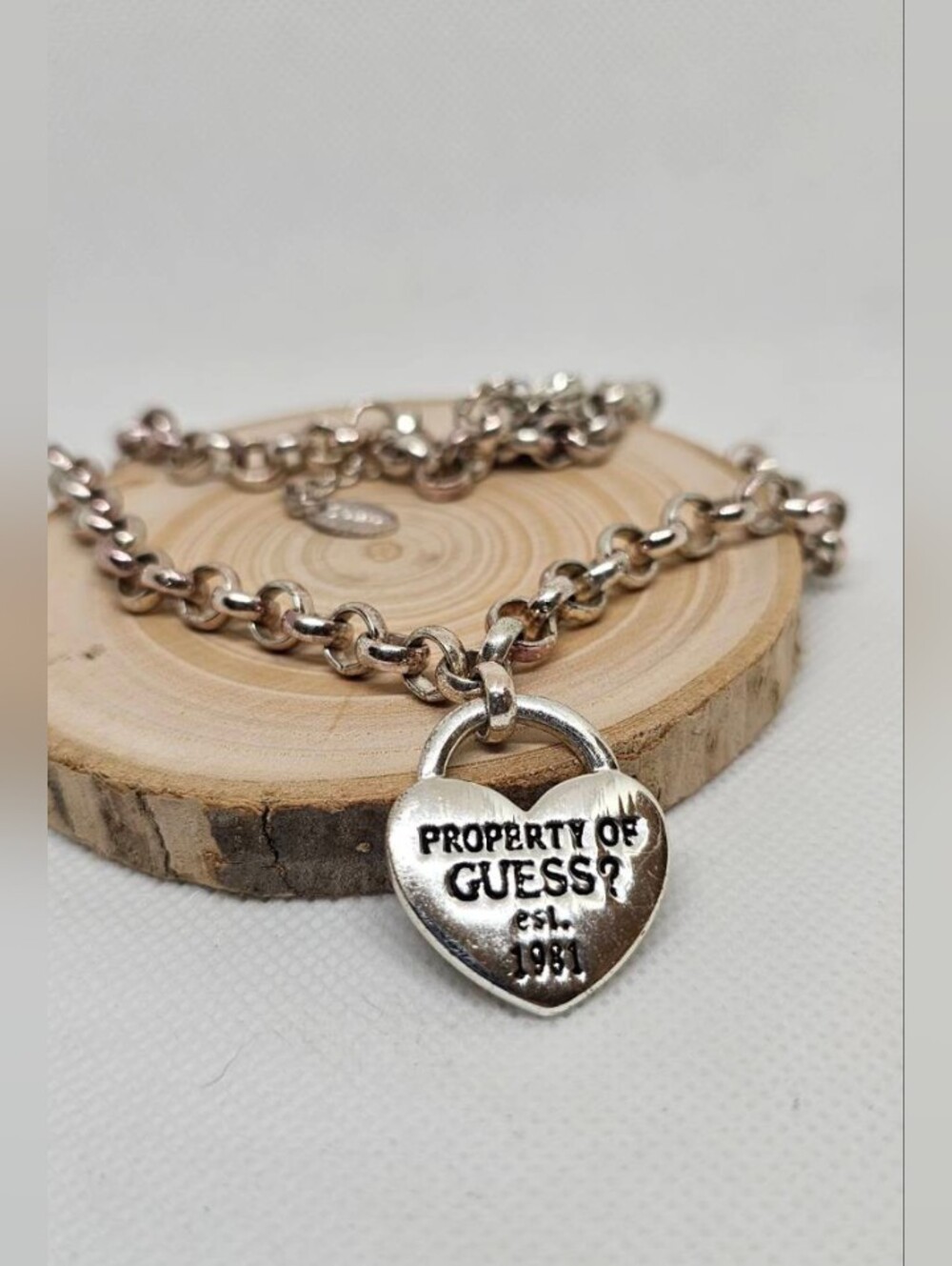 Guess Silver Heart Padlock Link Necklace Vintage